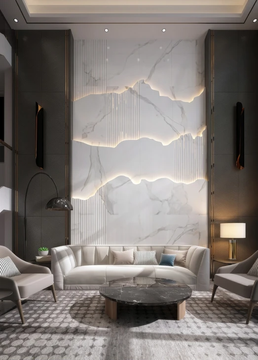 Luxury living room with backlit marble feature wall
